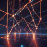 Lysende orange og blå linjer krydser hinanden i et mørkt digitalt rum og danner geometriske figurer og netværksforbindelser, hvilket skaber en futuristisk og højteknologisk visuel effekt. - Kunstig intelligens AI