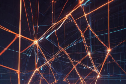 Lysende orange og blå linjer krydser hinanden i et mørkt digitalt rum og danner geometriske figurer og netværksforbindelser, hvilket skaber en futuristisk og højteknologisk visuel effekt. - Kunstig intelligens AI