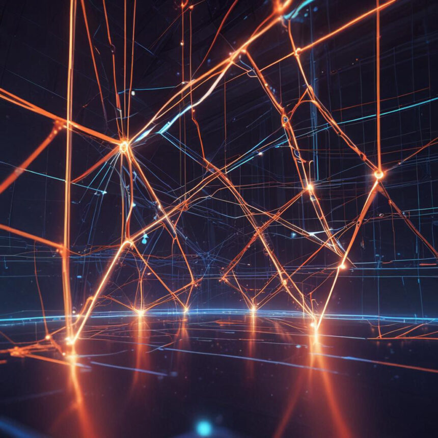 Lysende orange og blå linjer krydser hinanden i et mørkt digitalt rum og danner geometriske figurer og netværksforbindelser, hvilket skaber en futuristisk og højteknologisk visuel effekt. - Kunstig intelligens AI