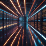 En futuristisk gang i et datacenter med lysende LED-lamper og rækker af serverreoler, der spejler sig i det blanke gulv og skaber en symmetrisk, højteknologisk atmosfære. - Kunstig intelligens AI