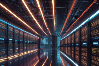 En futuristisk gang i et datacenter med lysende LED-lamper og rækker af serverreoler, der spejler sig i det blanke gulv og skaber en symmetrisk, højteknologisk atmosfære. - Kunstig intelligens AI