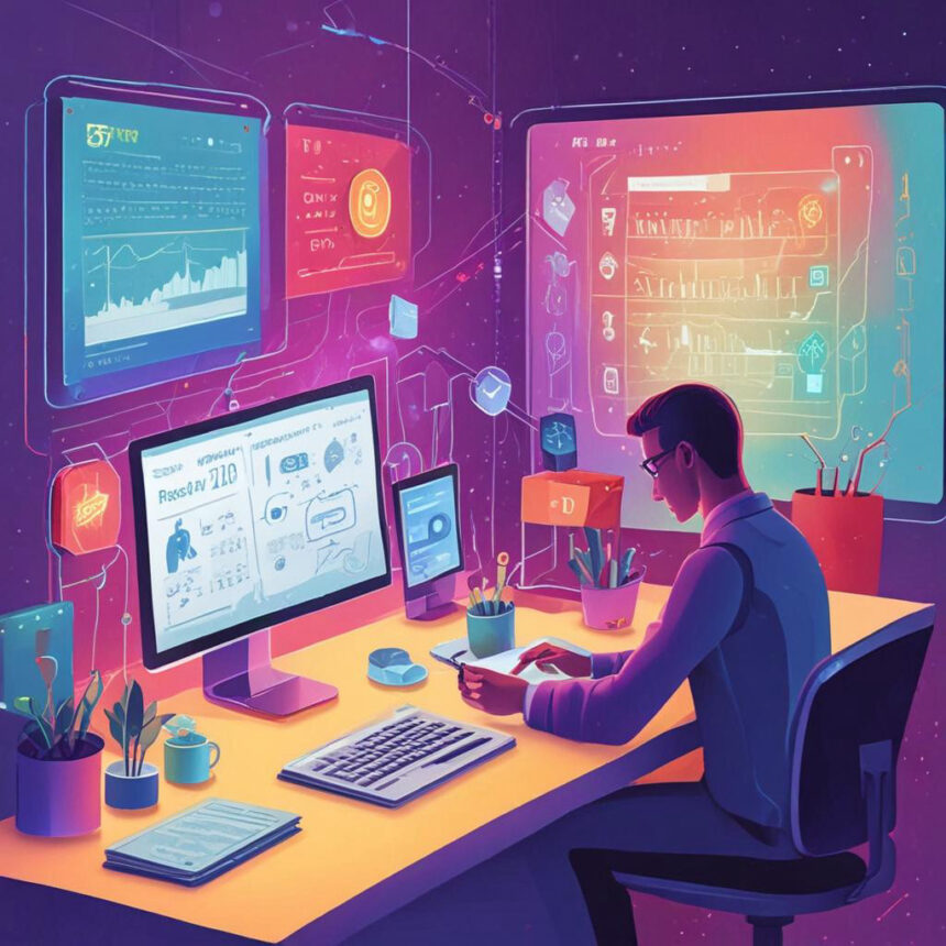 En person sidder ved et skrivebord med flere computerskærme, der viser diagrammer, grafer og data, omgivet af planter og kontorartikler i et farverigt, futuristisk arbejdsmiljø. - Kunstig intelligens AI