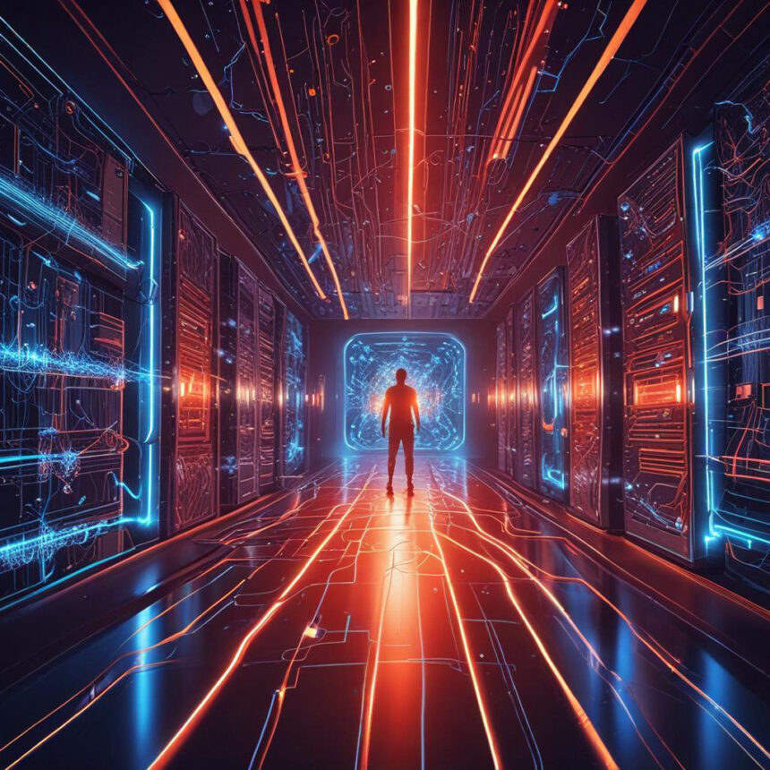 En personsilhuet står i en futuristisk korridor, der er omgivet af lysende servere og neonlys, mens blå og orange kredsløbsmønstre lyser op på gulvet og væggene. - Kunstig intelligens AI