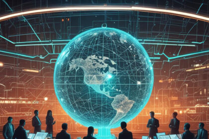 Folk i forretningstøj står omkring skriveborde med skærme og betragter en stor, lysende digital globus af Jorden i et højteknologisk, futuristisk kontrolrum med orange og blå belysning. - Kunstig intelligens AI
