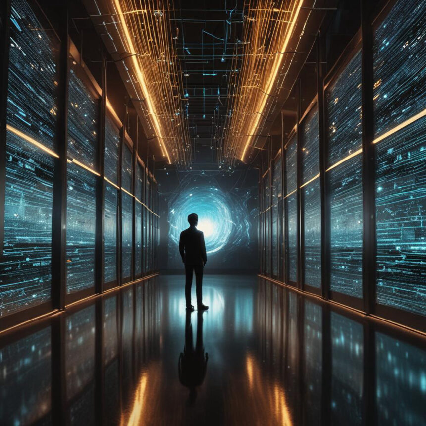 En person står i en futuristisk gang, der er omgivet af lysende digitale paneler, med blikket rettet mod en lysende, cirkulær portal for enden, omgivet af spejlbilleder på et skinnende gulv. - Kunstig intelligens AI