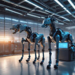 To metalliske robothunde står side om side i et futuristisk laboratorium med skarpt lys fra loftet og lysende kontrolpaneler i baggrunden. - Kunstig intelligens AI