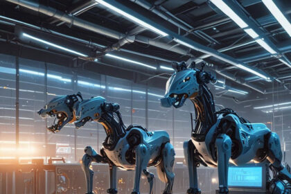 To metalliske robothunde står side om side i et futuristisk laboratorium med skarpt lys fra loftet og lysende kontrolpaneler i baggrunden. - Kunstig intelligens AI