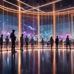 Silhuetter af mennesker står i et højteknologisk rum med lysende lodrette lys og store digitale skærme, der viser abstrakte data og kosmiske billeder, hvilket skaber en futuristisk atmosfære. - Kunstig intelligens AI