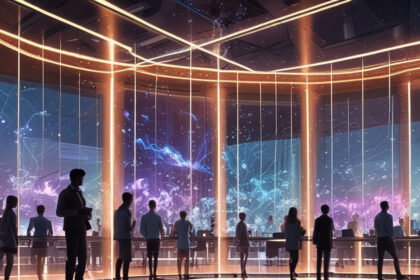 Silhuetter af mennesker står i et højteknologisk rum med lysende lodrette lys og store digitale skærme, der viser abstrakte data og kosmiske billeder, hvilket skaber en futuristisk atmosfære. - Kunstig intelligens AI