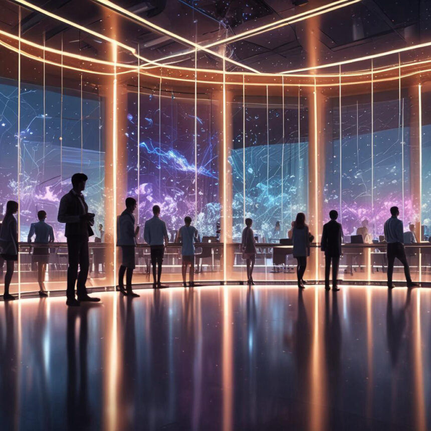 Silhuetter af mennesker står i et højteknologisk rum med lysende lodrette lys og store digitale skærme, der viser abstrakte data og kosmiske billeder, hvilket skaber en futuristisk atmosfære. - Kunstig intelligens AI