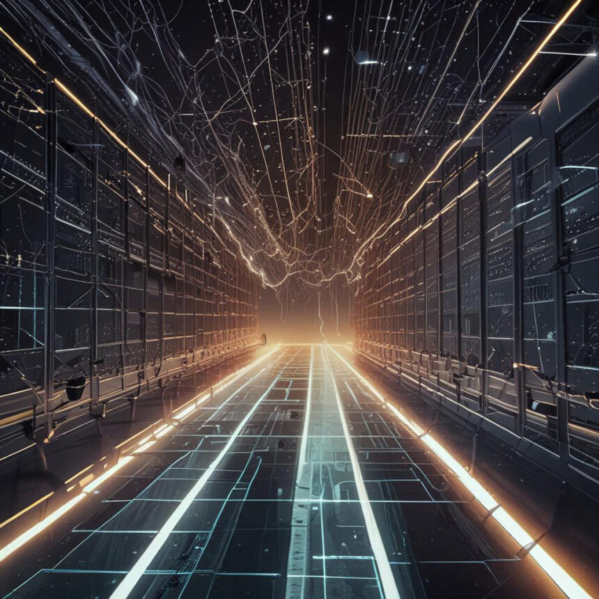 En futuristisk gang i et datacenter med lysende linjer på gulvet, oplyste servere på begge sider og abstrakte digitale forbindelser i loftet, hvilket skaber en højteknologisk sci-fi-stemning. - Kunstig intelligens AI