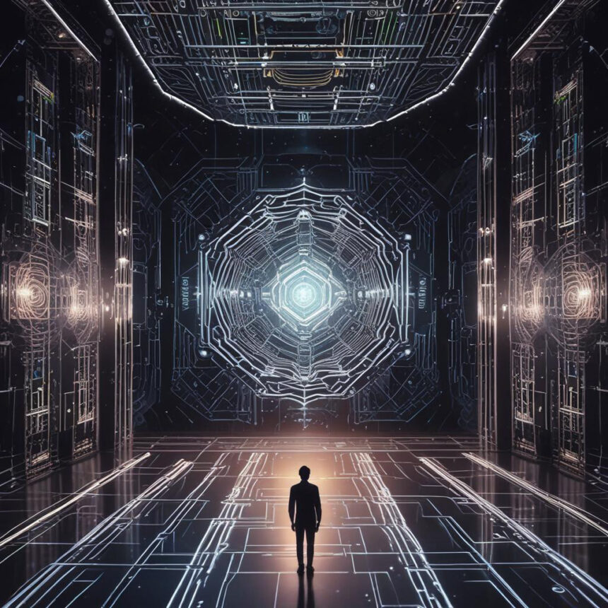 En person står i et futuristisk, lysende rum med indviklede mønstre, der ligner kredsløb, og et strålende geometrisk mønster på den fjerneste væg, hvilket fremkalder associationer til avanceret teknologi og digitale miljøer. - Kunstig intelligens AI
