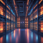 En lyst oplyst gang i et datacenter med rækker af lysende serverstativer på begge sider og synlige kabler i loftet, hvilket skaber en højteknologisk, futuristisk atmosfære. - Kunstig intelligens AI