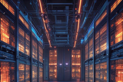En lyst oplyst gang i et datacenter med rækker af lysende serverstativer på begge sider og synlige kabler i loftet, hvilket skaber en højteknologisk, futuristisk atmosfære. - Kunstig intelligens AI