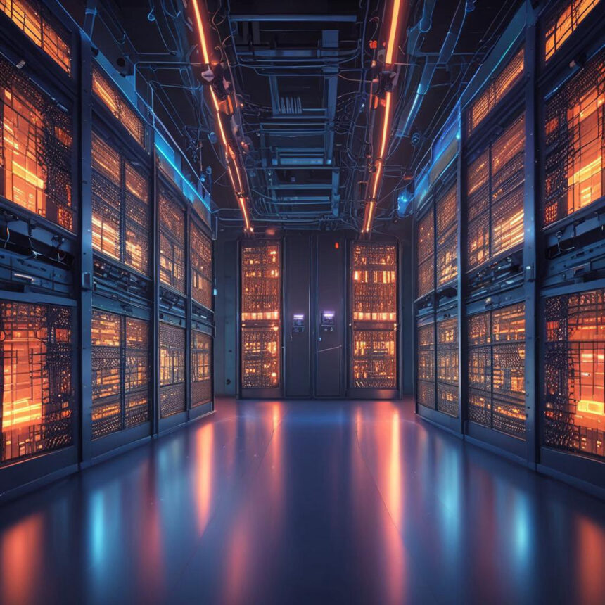 En lyst oplyst gang i et datacenter med rækker af lysende serverstativer på begge sider og synlige kabler i loftet, hvilket skaber en højteknologisk, futuristisk atmosfære. - Kunstig intelligens AI