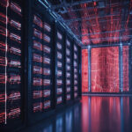Et futuristisk serverrum med rødt og blåt lys, rækker af serverstativer og oplyste mønstre, der ligner kredsløb, på en gennemsigtig væg, som spejler sig i et blankt gulv. - Kunstig intelligens AI