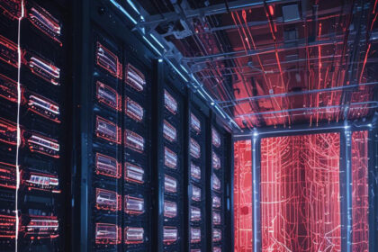 Et futuristisk serverrum med rødt og blåt lys, rækker af serverstativer og oplyste mønstre, der ligner kredsløb, på en gennemsigtig væg, som spejler sig i et blankt gulv. - Kunstig intelligens AI
