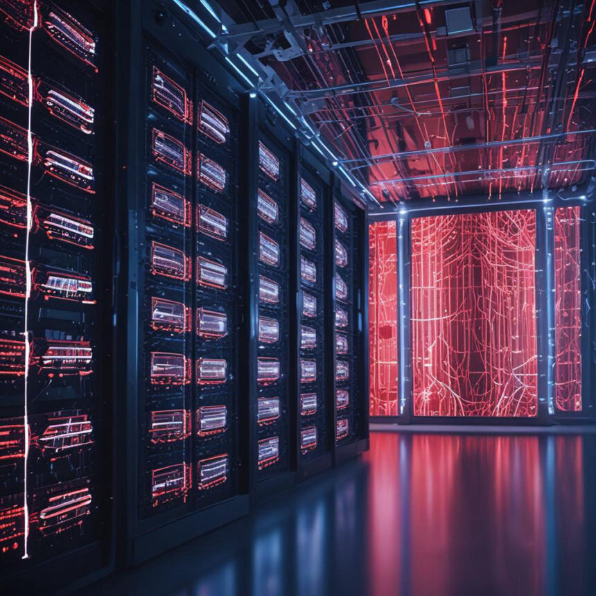 Et futuristisk serverrum med rødt og blåt lys, rækker af serverstativer og oplyste mønstre, der ligner kredsløb, på en gennemsigtig væg, som spejler sig i et blankt gulv. - Kunstig intelligens AI