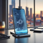En smartphone med et digitalt kredsløbsdesign på skærmen står på et skrivebord ved et vindue, mens byens skyline og en solnedgang ses i den slørede baggrund. - Kunstig intelligens AI