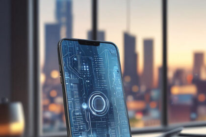 En smartphone med et digitalt kredsløbsdesign på skærmen står på et skrivebord ved et vindue, mens byens skyline og en solnedgang ses i den slørede baggrund. - Kunstig intelligens AI
