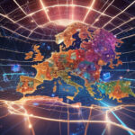 Et farverigt, futuristisk digitalt kort over Europa er overlejret med lysende gittermønstre og lyseffekter, der fremhæver forskellige regioner og grænser i livlige nuancer på en mørk, kosmisk baggrund. - Kunstig intelligens AI