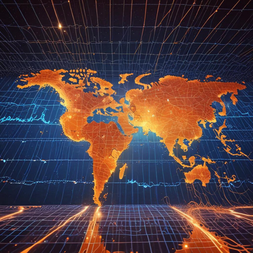 Et lysende orange verdenskort på en blå baggrund med et digitalt gitter, hvor lyse linjer og prikker viser dataforbindelser på tværs af kontinenterne. - Kunstig intelligens AI