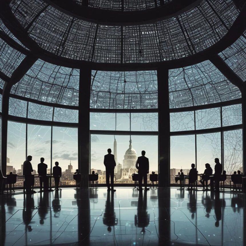 Folk står og sidder inde i en stor, moderne glaskupel med udsigt over et bybillede, hvor en markant kuppelbygning kan ses i det fjerne, under en klar himmel. - Kunstig intelligens AI