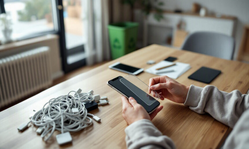 En person sætter en skærmbeskytter på en smartphone ved et træbord, med en bunke opladerkabler og elektroniske enheder i nærheden. Rummet ser ryddeligt ud, og der står en genbrugsspand i baggrunden. - Kunstig intelligens AI