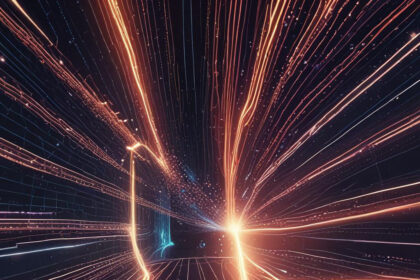 Strålende orange og blå lysstråler stråler udad i en futuristisk, digital tunnel og skaber en fornemmelse af høj hastighed og dybde på en mørk baggrund. - Kunstig intelligens AI