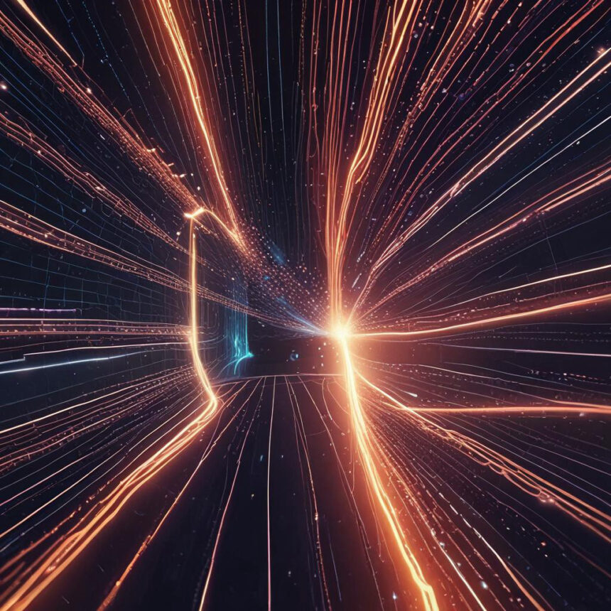 Strålende orange og blå lysstråler stråler udad i en futuristisk, digital tunnel og skaber en fornemmelse af høj hastighed og dybde på en mørk baggrund. - Kunstig intelligens AI