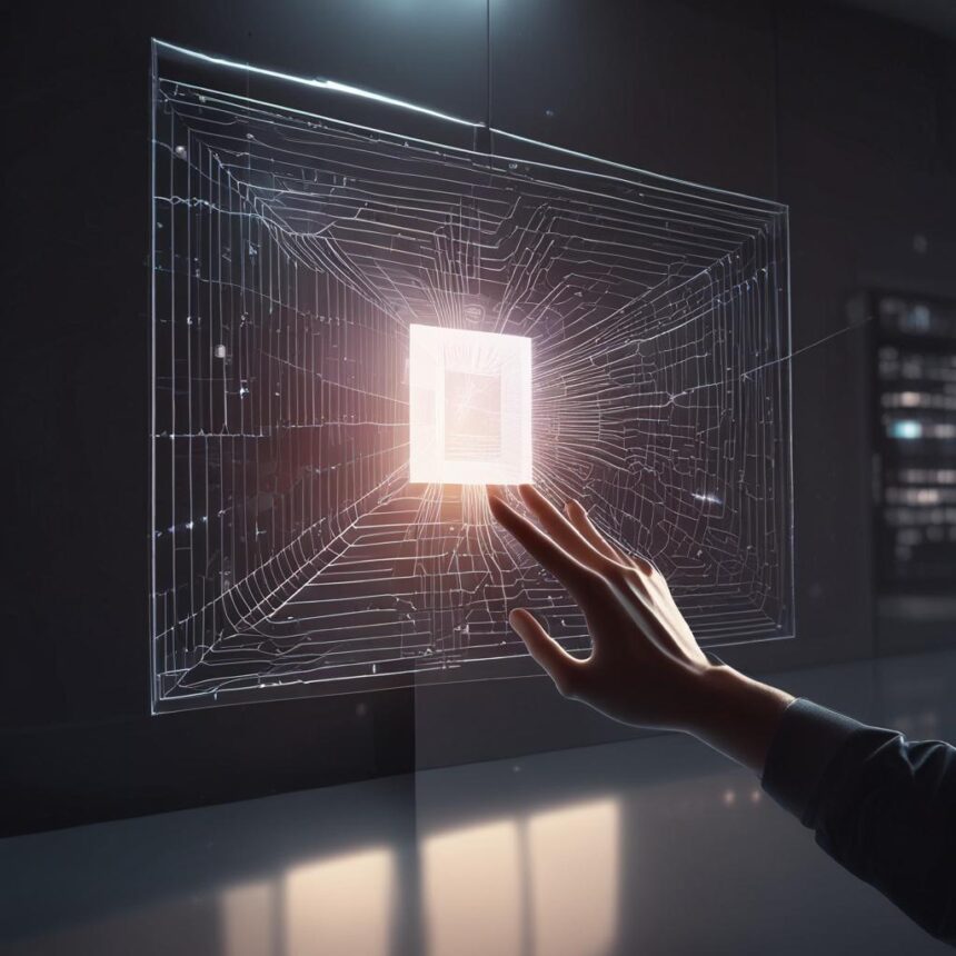 En hånd strækker sig mod en lysende digital skærm med kredsløbslignende mønstre, hvilket antyder futuristisk teknologi eller interaktion med kunstig intelligens i et mørkt, moderne miljø. - Kunstig intelligens AI