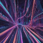 Abstrakt digital kunst, der viser farverige neonlinjer og -kurver, der konvergerer mod et forsvindingspunkt og skaber en fornemmelse af dybde og bevægelse, der minder om et futuristisk netværk eller en datastrøm. - Kunstig intelligens AI