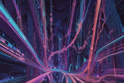 Abstrakt digital kunst, der viser farverige neonlinjer og -kurver, der konvergerer mod et forsvindingspunkt og skaber en fornemmelse af dybde og bevægelse, der minder om et futuristisk netværk eller en datastrøm. - Kunstig intelligens AI