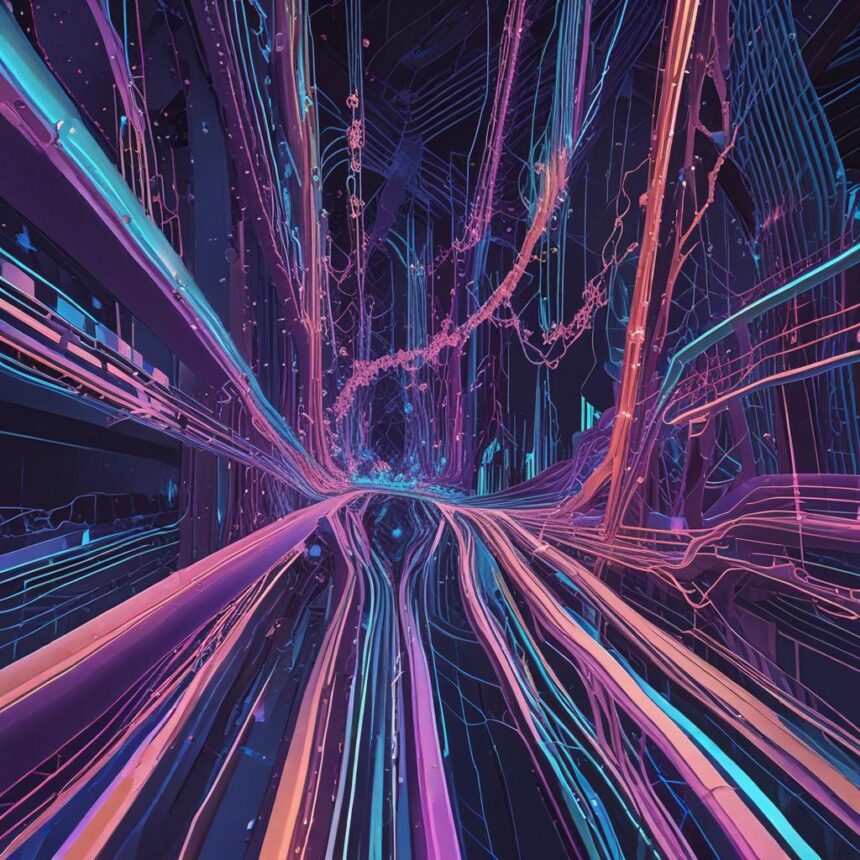 Abstrakt digital kunst, der viser farverige neonlinjer og -kurver, der konvergerer mod et forsvindingspunkt og skaber en fornemmelse af dybde og bevægelse, der minder om et futuristisk netværk eller en datastrøm. - Kunstig intelligens AI
