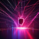 Et lysende digitalt skjold udsender levende lyserøde og blå neonlinjer, der symboliserer cybersikkerhed eller databeskyttelse, på en mørk baggrund med en reflekterende overflade. - Kunstig intelligens AI