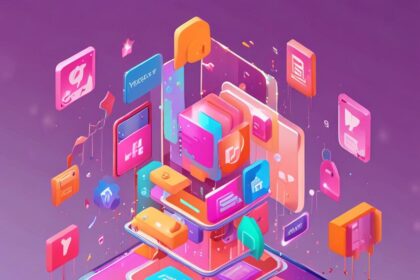 En farverig 3D-illustration af en smartphone med svævende app-ikoner og digitale elementer, der symboliserer mobilteknologi og app-udvikling, på en lilla baggrund. - Kunstig intelligens AI