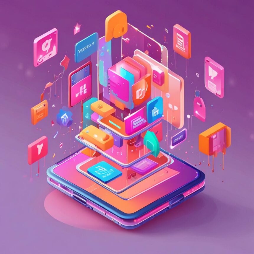 En farverig 3D-illustration af en smartphone med svævende app-ikoner og digitale elementer, der symboliserer mobilteknologi og app-udvikling, på en lilla baggrund. - Kunstig intelligens AI