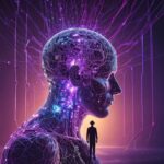 En lysende, futuristisk menneskeskikkelse med synlige neurale netværk ses i profil. Lilla og blå kredsløb lyser op i hovedet, og foran står en lille silhuet af en person, hvilket antyder en forbindelse mellem sindet og teknologien. - Kunstig intelligens AI