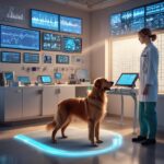 En dyrlæge i en moderne klinik bruger avanceret teknologi til at undersøge en golden retriever, der står på en lysende platform, med medicinske skærme og udstyr i baggrunden. - Kunstig intelligens AI