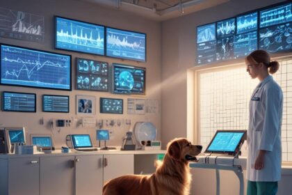 En dyrlæge i en moderne klinik bruger avanceret teknologi til at undersøge en golden retriever, der står på en lysende platform, med medicinske skærme og udstyr i baggrunden. - Kunstig intelligens AI