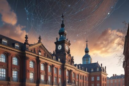 En historisk murstensbygning med klokketårne ved solnedgang, blå lysstriber på den våde gade og digitale netværksmønstre på himlen, hvor gammel arkitektur smelter sammen med futuristisk teknologi. - Kunstig intelligens AI