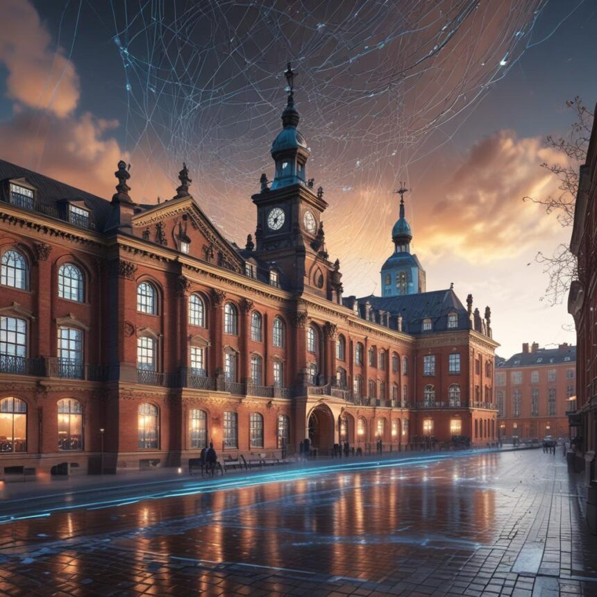 En historisk murstensbygning med klokketårne ved solnedgang, blå lysstriber på den våde gade og digitale netværksmønstre på himlen, hvor gammel arkitektur smelter sammen med futuristisk teknologi. - Kunstig intelligens AI