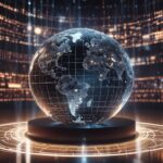 En lysende digital globus, der viser verdens kontinenter, står på en futuristisk cirkulær platform, omgivet af oplyste datapaneler og abstrakte lys, hvilket skaber et tema om højteknologi og global sammenhængskraft. - Kunstig intelligens AI