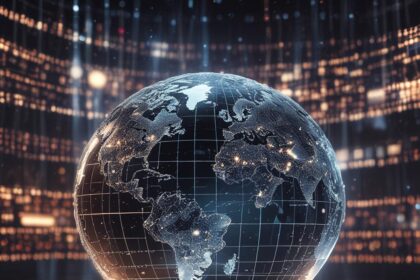 En lysende digital globus, der viser verdens kontinenter, står på en futuristisk cirkulær platform, omgivet af oplyste datapaneler og abstrakte lys, hvilket skaber et tema om højteknologi og global sammenhængskraft. - Kunstig intelligens AI