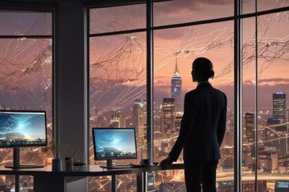 En person står i et moderne kontor ved solnedgang og kigger ud over byens skyline gennem store vinduer, hvor der vises digital netværksgrafik på ruderne. - Kunstig intelligens AI