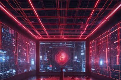 En person står i et futuristisk rum med rødglødende holografiske skærme og digitale mønstre, der dækker vægge, gulv og loft, hvilket skaber et højteknologisk, fordybende miljø. - Kunstig intelligens AI