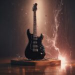 En sort elektrisk guitar står på en træplatform, mens der hvirvler lysende ledninger og gnister rundt om den, hvilket skaber en energisk og dramatisk effekt på den mørke baggrund. - Kunstig intelligens AI