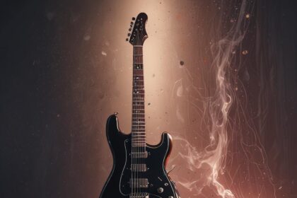 En sort elektrisk guitar står på en træplatform, mens der hvirvler lysende ledninger og gnister rundt om den, hvilket skaber en energisk og dramatisk effekt på den mørke baggrund. - Kunstig intelligens AI