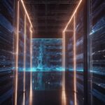 En futuristisk gang med lysende blå digitale linjer på mørke vægge, orange accentbelysning og et holografisk landskab projiceret for enden, der minder om et højteknologisk datacenter eller serverrum. - Kunstig intelligens AI