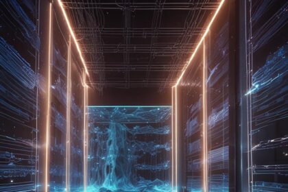 En futuristisk gang med lysende blå digitale linjer på mørke vægge, orange accentbelysning og et holografisk landskab projiceret for enden, der minder om et højteknologisk datacenter eller serverrum. - Kunstig intelligens AI